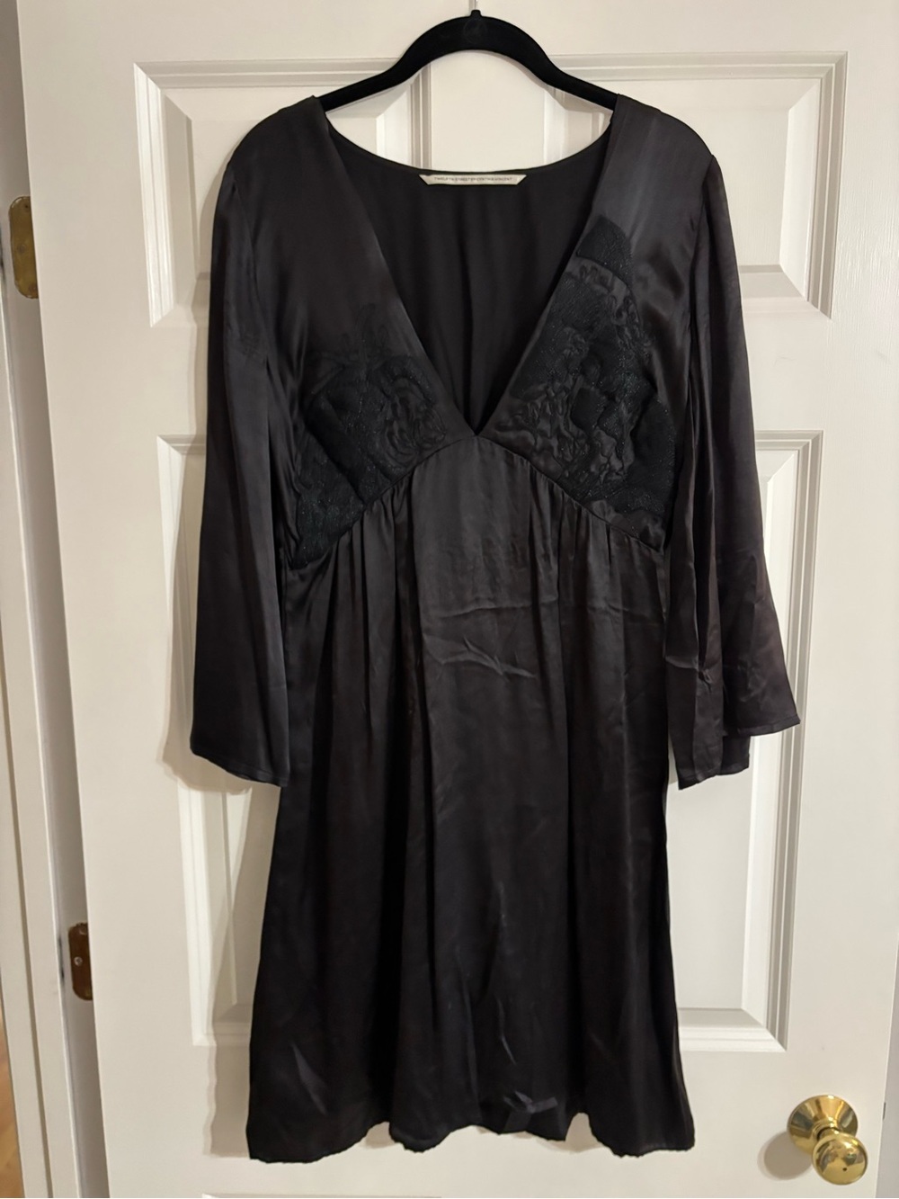 Twelfth Street by Cynthia Vincent Black Satin V-Neck Dress with Lace Insets